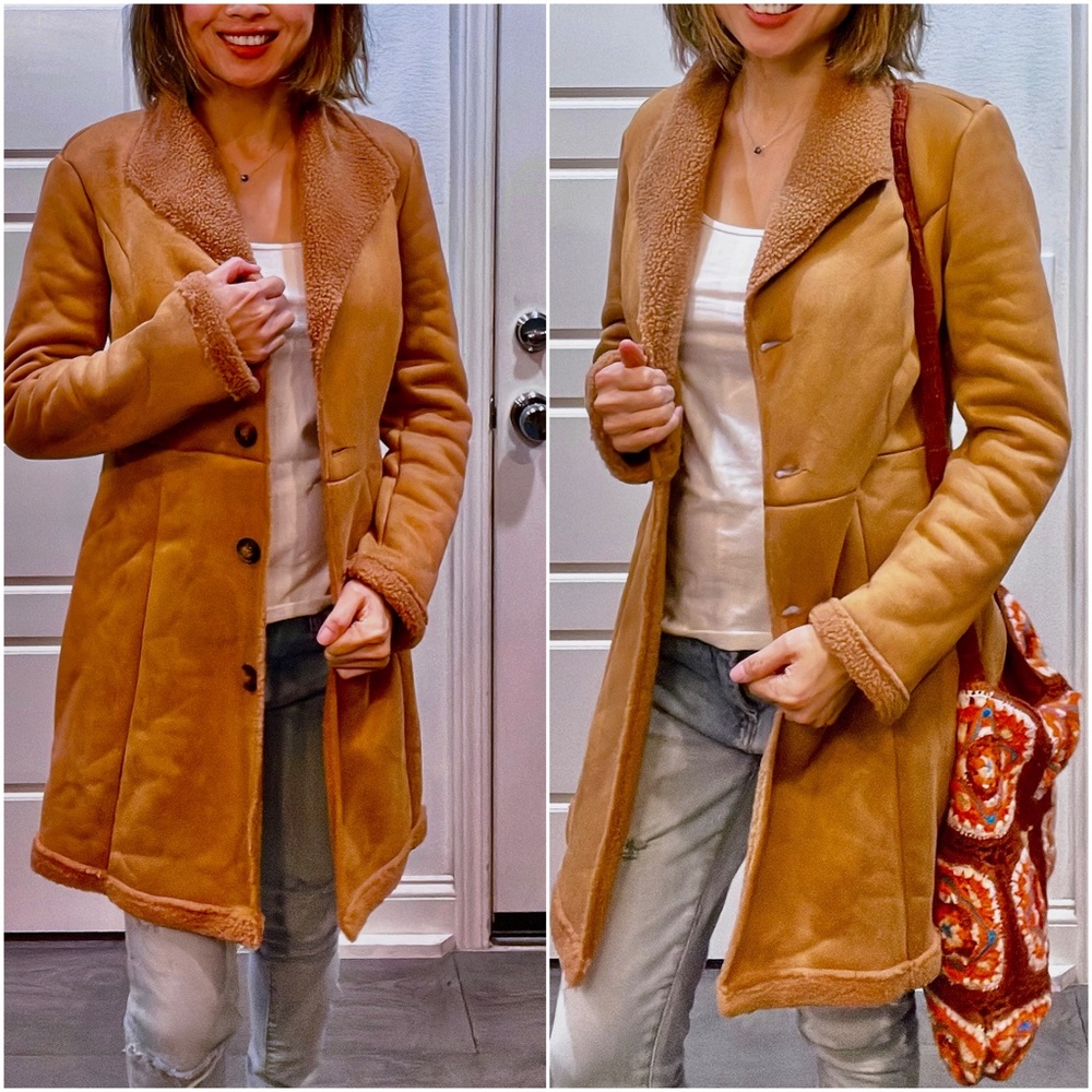 Camel Tan Shearling Lined Vegan Suede Jacket Coat - Picture 4 of 9